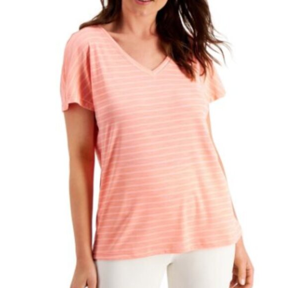 Ideology Coral Pink Striped V-Neck Tee Shirt, Short Sleeve, Multiple Sizes, NWT! - Picture 1 of 13